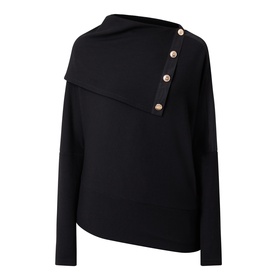 Joseph Ribkoff black long-sleeve top with diagonal fold-over neckline and gold-tone button detail