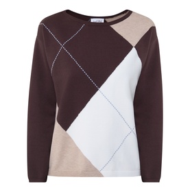 Joseph Ribkoff Argyle Knitted Sweater in Mocha/Multi with crew neckline, long sleeves, diamond argyle pattern in brown, cream and beige