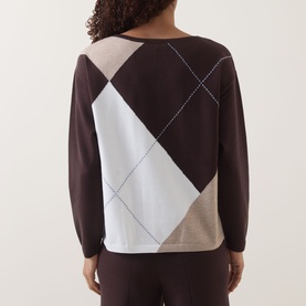 Model wearing Joseph Ribkoff Argyle Knitted Sweater in Mocha/Multi, back view showing large argyle pattern in brown, white and taupe.