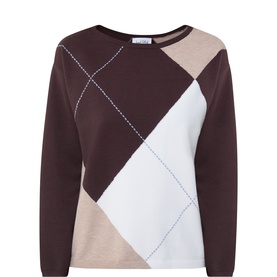 Joseph Ribkoff Argyle Knitted Sweater in Mocha/Multi with crew neckline, long sleeves, diamond argyle pattern in brown, cream and beige