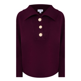 Joseph Ribkoff Rib Knit Button Sweater in Elderberry with extended collar, gold half-button fastening, ribbed trims and dipped hemline
