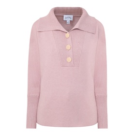 Joseph Ribkoff Soft Blush Melange knit top with wide collar, ribbed placket, three buttons, and ribbed cuffs