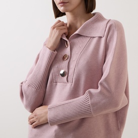 Model wearing Joseph Ribkoff Top in Soft Blush Melange, featuring a polo collar, button placket, and ribbed cuffs