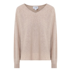 Joseph Ribkoff oatmeal melange cashmere top with V-neck, relaxed fit, and dropped shoulders