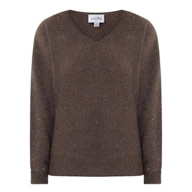 Joseph Ribkoff Jewel Embellished Sweater in Dark Taupe Melange, V-neckline, long sleeves, scattered jewel embellishments, straight hem