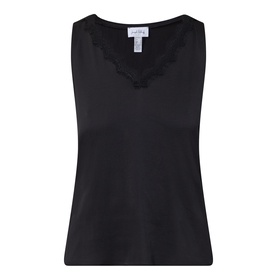 Joseph Ribkoff black sleeveless top with V-neck and delicate lace trim detail, 100% polyester