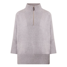 Joseph Ribkoff taupe melange knit top with quarter-zip neckline, ribbed hem and cuffs, and relaxed three-quarter sleeves