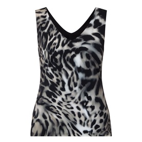 Joseph Ribkoff grey multi leopard print sleeveless top with V-neckline, black trim, in stretch polyester blend fabric.