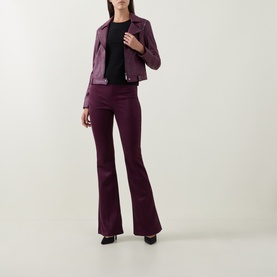 Model wearing Joseph Ribkoff Solid Fitted Black T-Shirt, styled with burgundy blazer and flared trousers, black heels.