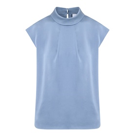 Joseph Ribkoff chambray blue sleeveless top with mock turtleneck, pleat front detail, and button back neck fastening