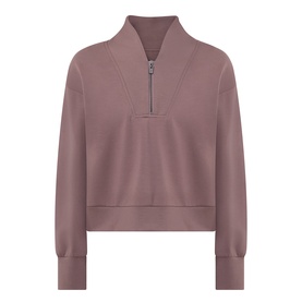 Joseph Ribkoff Sporty Half-Zip Sweatshirt in Mink, shawl neckline, half-zip placket, dropped shoulders, ribbed trims, smooth finish