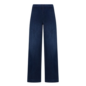 Joseph Ribkoff dark denim blue wide-leg trousers with high waist, clean front, and straight-cut silhouette in cotton-blend fabric