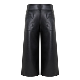 Joseph Ribkoff black faux leather wide-leg cropped trousers, rear view showing back pockets and elasticated waistband.
