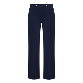 Joseph Ribkoff indigo wide-leg trousers with gold button waistband detail, 95% polyester blend
