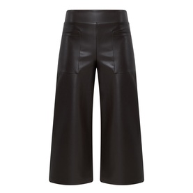Joseph Ribkoff Faux Leather Culottes Trousers in Mocha, pull-on wide-leg style with front patch pockets and faux leather finish.