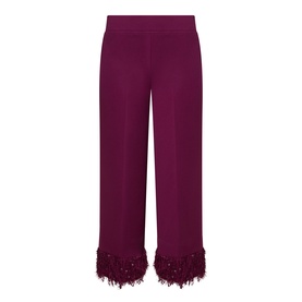 Joseph Ribkoff Feather-Trim Cropped Trousers in Berry Burst, mid-rise flared leg with sequin-embellished faux feather cuffs