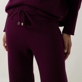 Model wearing Joseph Ribkoff Brushed Knit Track Pants in Elderberry, showing elasticated drawstring waist with gold logo disc detail, paired with
