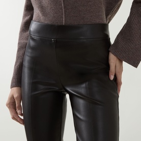 Model wearing Joseph Ribkoff Bonded Faux Leather Trousers in Mocha, elasticated waistband, straight-cut legs, styled with a brown knit top