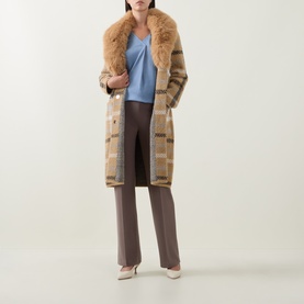 Model wearing Joseph Ribkoff Pleated Straight Leg Trousers in Mink with a checked coat with fur collar and blue camisole.