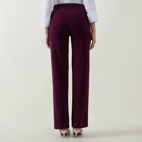 Model wearing Joseph Ribkoff Trousers in Elderberry, styled with a white shirt and silver heels, back view showing straight-leg silhouette.