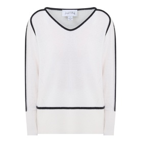 Joseph Ribkoff winter white and black wool-cashmere tunic with V-neck and contrast black tipping at neckline and hem