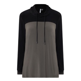 Joseph Ribkoff Tunic in Avocado and Black, colour-block hoodie design with drawstring hood and ribbed cuffs