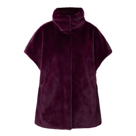 Joseph Ribkoff elderberry faux fur vest with funnel neck, short sleeves, and side pockets in deep purple plush fabric