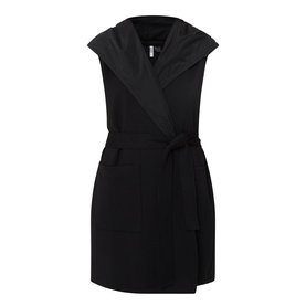 Joseph Ribkoff black sleeveless wrap vest with lapel collar, tie belt, and contrast satin hood detail