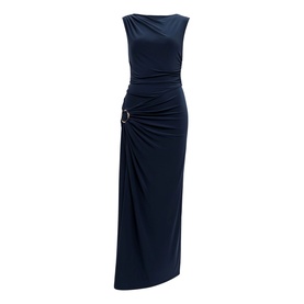 Forever New evening navy sleeveless maxi dress with ruched waist, silver ring detail, and draped skirt. Boat neckline.
