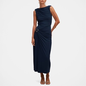 Model wearing Forever New Evening Navy sleeveless midi dress with ruched detail and silver ring waist, styled with strappy heeled sandals