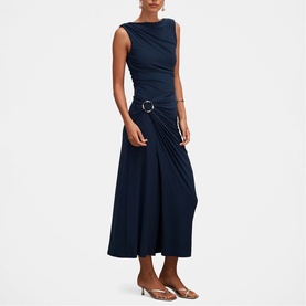 Model wearing Forever New Evening Navy midi dress with ruched detailing and ring belt waist, styled with tan sandals.