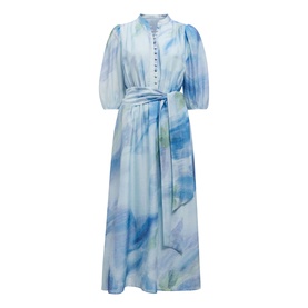 Forever New midi dress in Bluewater Abstract print, puff sleeves, button placket, and tie waist belt