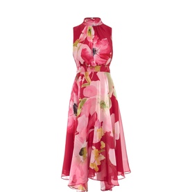Phase Eight Lucinda Floral Dress in pink multi, sleeveless high-neck style with bold floral print and asymmetric high-low hemline