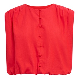 Forever New Cherry Tomato cropped top with puff shoulders, gathered hem, and back button fastening