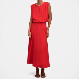 Model wearing Forever New Cherry Tomato sleeveless maxi dress with button neckline detail, styled with tan sandals.
