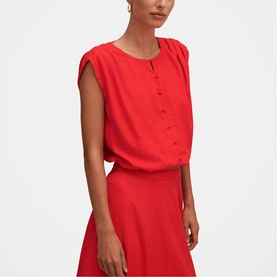 Model wearing Forever New dress in Cherry Tomato, featuring button-front detail, cap sleeves and flared skirt silhouette