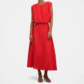 Model wearing Forever New Cherry Tomato midi dress with button neckline detail, styled with tan strappy heeled sandals