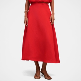 Model wearing Forever New Cherry Tomato midi skirt with matching top, styled with tan strappy heeled sandals.