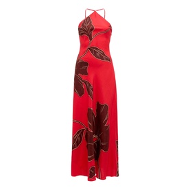 Forever New Red Dryden maxi dress with halterneck, floral print, and flared skirt, shown as a flat product shot