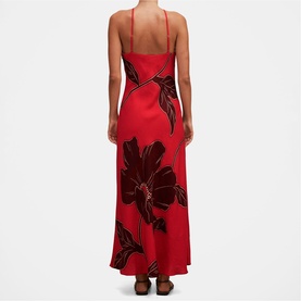 Model wearing Forever New maxi dress in Red Dryden, featuring large black floral print, satin finish, thin straps, and a bias-cut silhouette, back