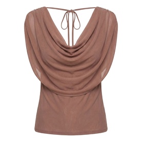 Forever New Portobello mesh top with draped cowl back, halter tie neckline and batwing sleeves, flat lay view