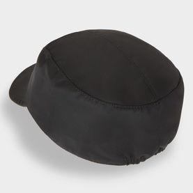 Prada nero nylon cap, structured with short peak and panelled crown, shown from above at an angle