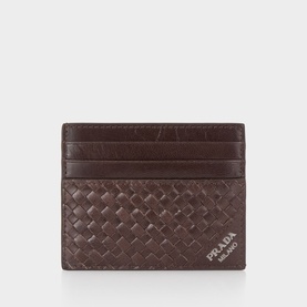 Prada brown woven leather cardholder with multiple card slots and silver logo lettering
