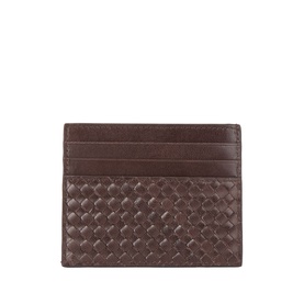 Prada brown leather woven intrecciato cardholder with multiple card slots, flat profile, smooth edges