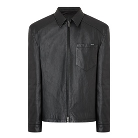 Prada black nappa leather casual jacket with zip fastening, point collar, and chest patch pocket