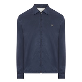 Prada Triangle Logo Zip Overshirt in blue Re-Nylon, classic collar, two-way front zip, triangle logo plaque on chest