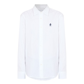 Prada Crest Logo Oxford Shirt in white cotton with pointed collar, long sleeves, single cuffs, and embroidered crest logo at chest