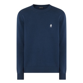 Prada Logo Knit Sweater in navy cotton with crew neckline, ribbed trims, and embroidered logo at chest