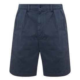 Prada Classic Gabardine Shorts in blue cotton with pleated front, belt loops, side pockets, and rear jet pockets with button fastening