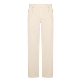 Prada sand cotton trousers with straight wide leg, pleat front, and belt loops, laid flat